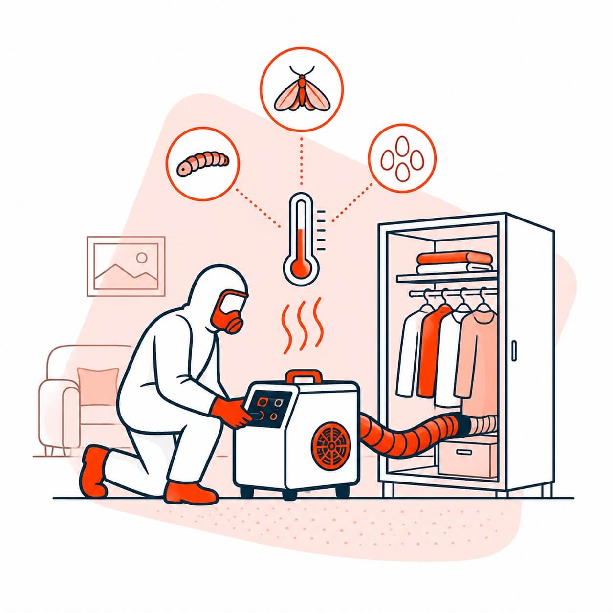Illustrated graphic showing professional heat treatment moth control process
