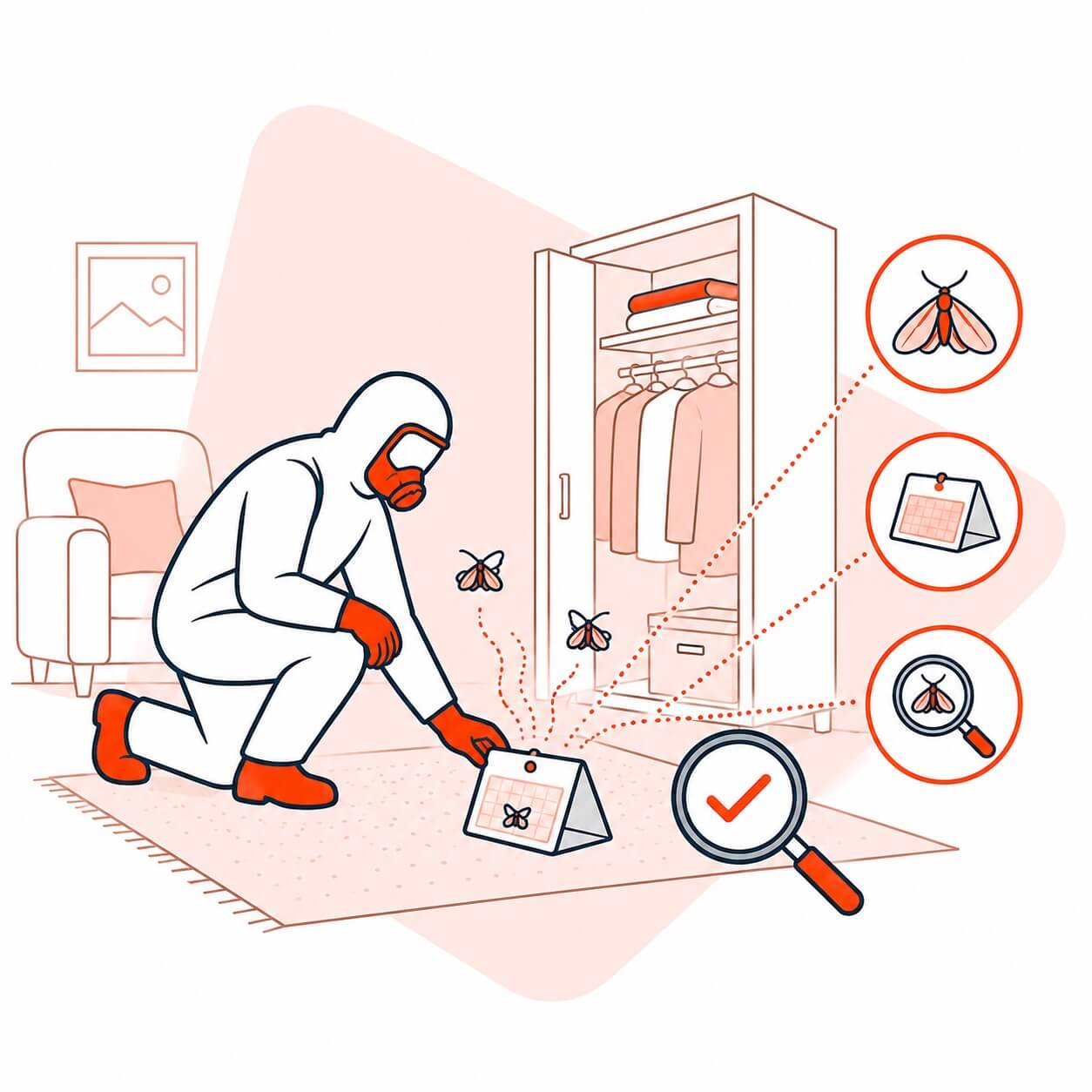 Illustrated graphic showing professional moth monitoring and inspection service