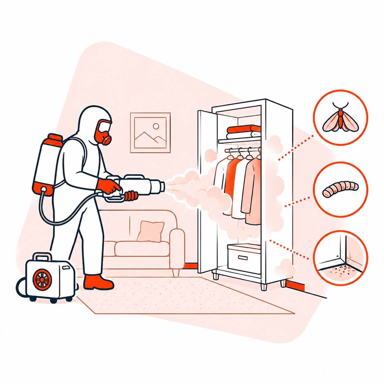 Illustrated graphic showing ULV fumigation moth treatment process by Moth Treatment Pros