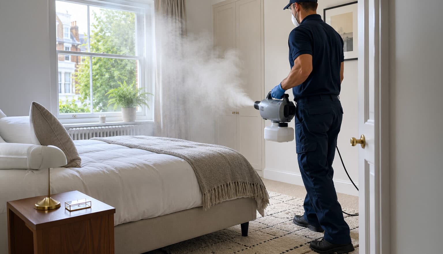 Professional pest control technician in protective clothing applying ULV fogging treatment