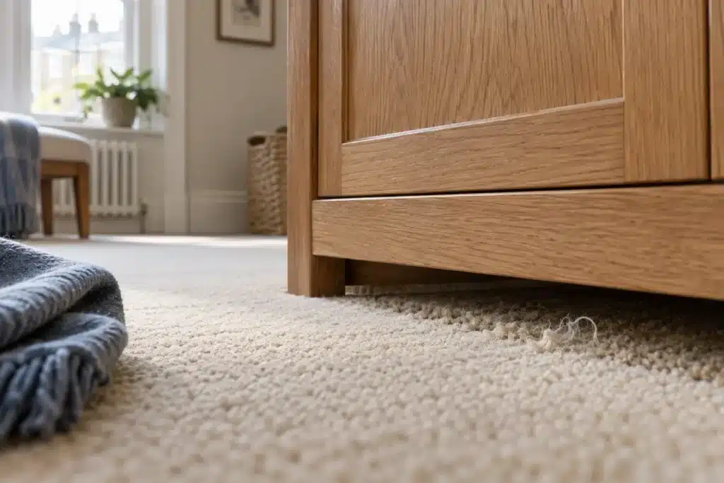 Illustration of a wool carpet edge beneath a wardrobe, with a small area of thinning pile