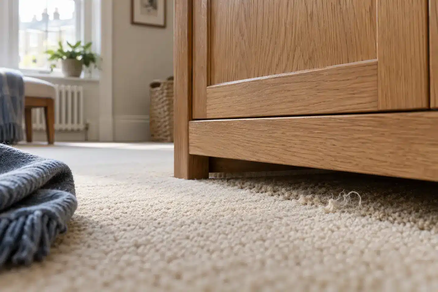 Illustration of a wool carpet edge beneath a wardrobe, with a small area of thinning pile
