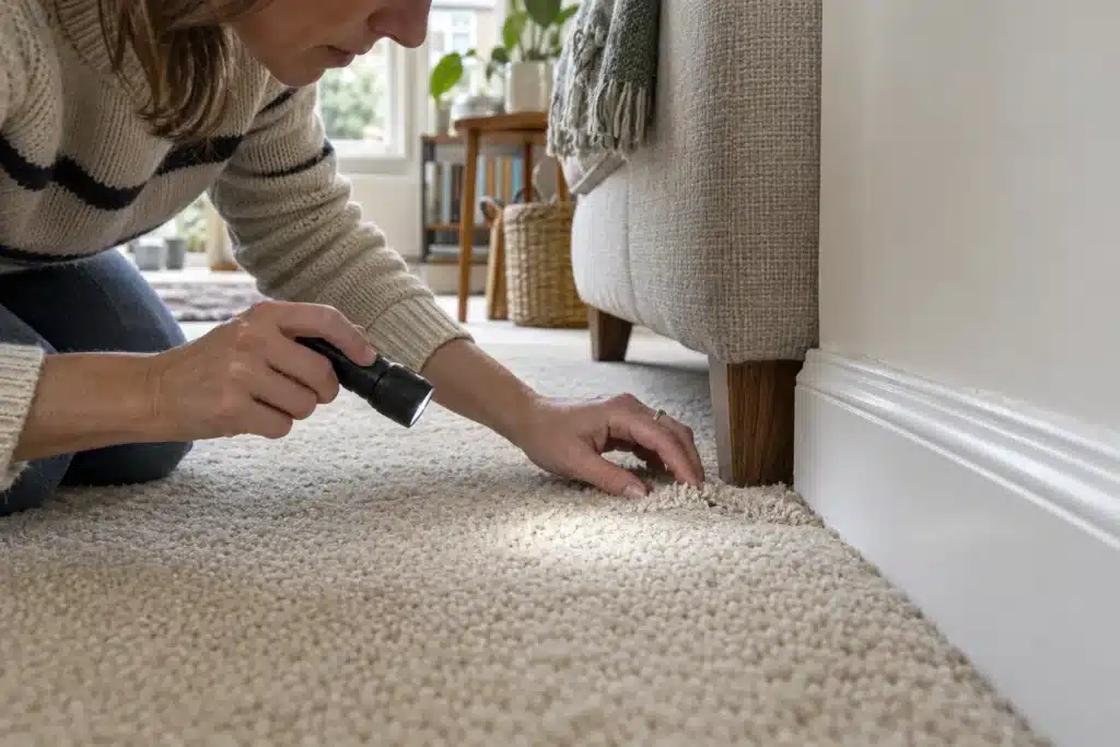 Homeowner using a torch to inspect cream wool carpet beside a sofa and skirting board