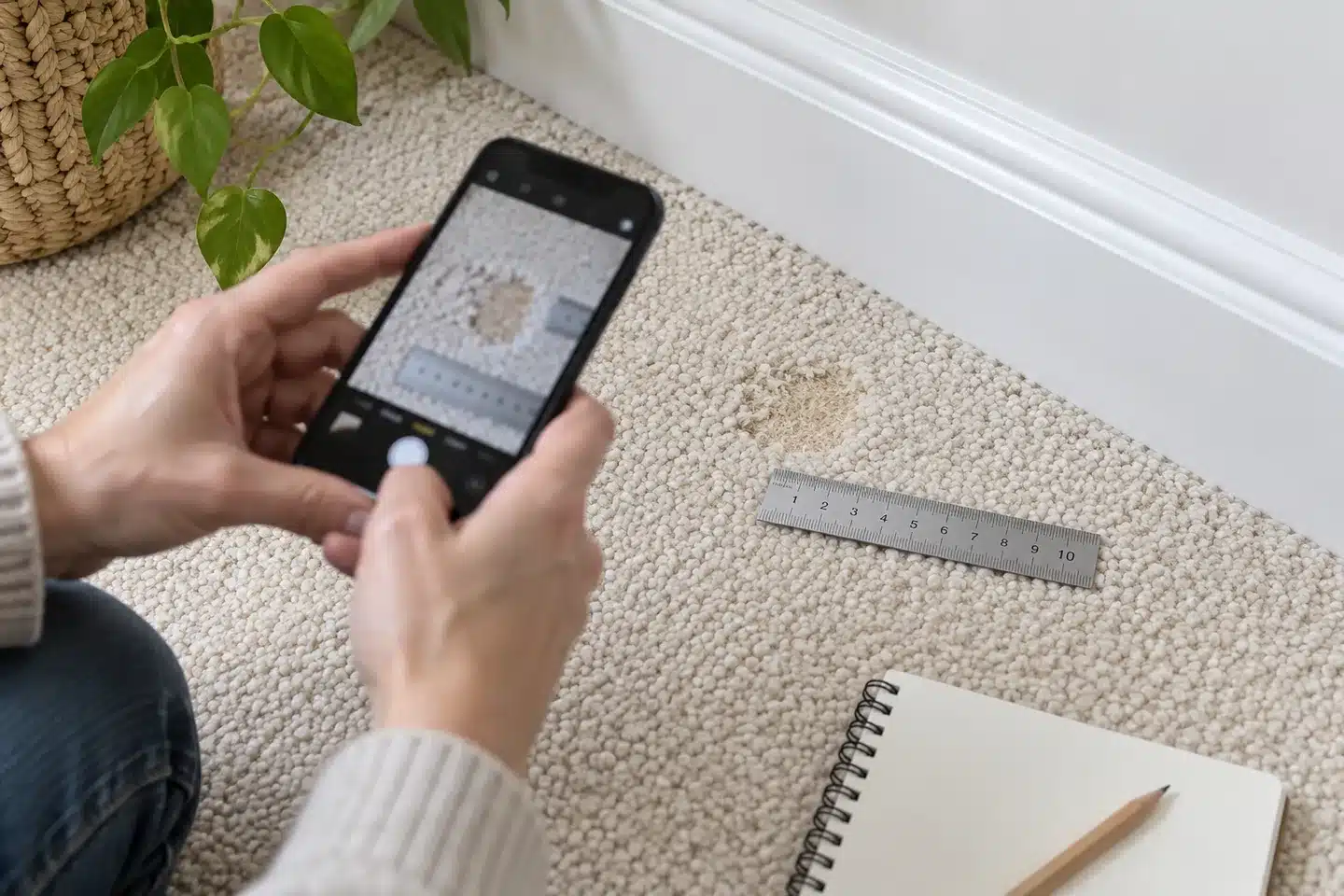 Illustration of a homeowner photographing a small patch of carpet thinning beside a ruler