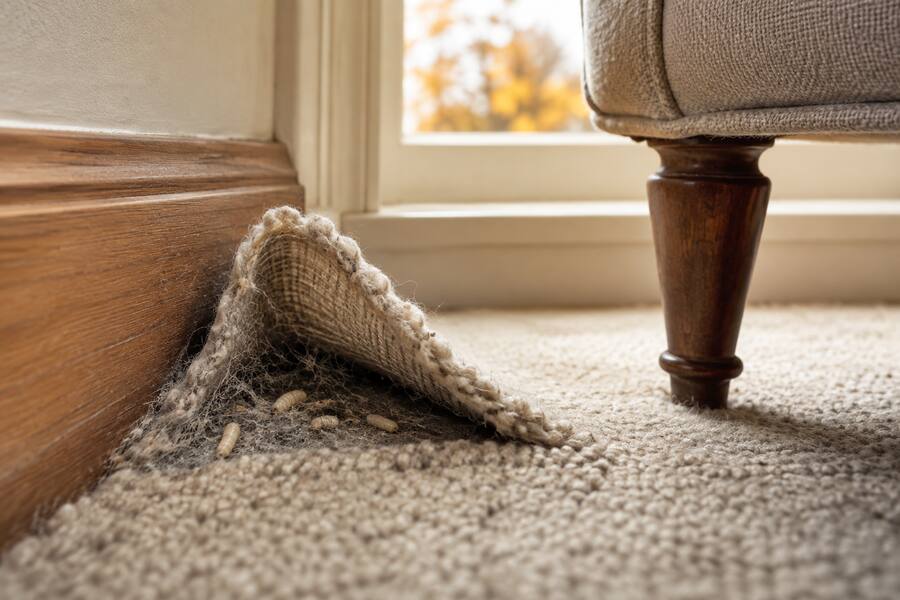 Carpet moth larvae and damage hidden beneath a wool carpet in a London home