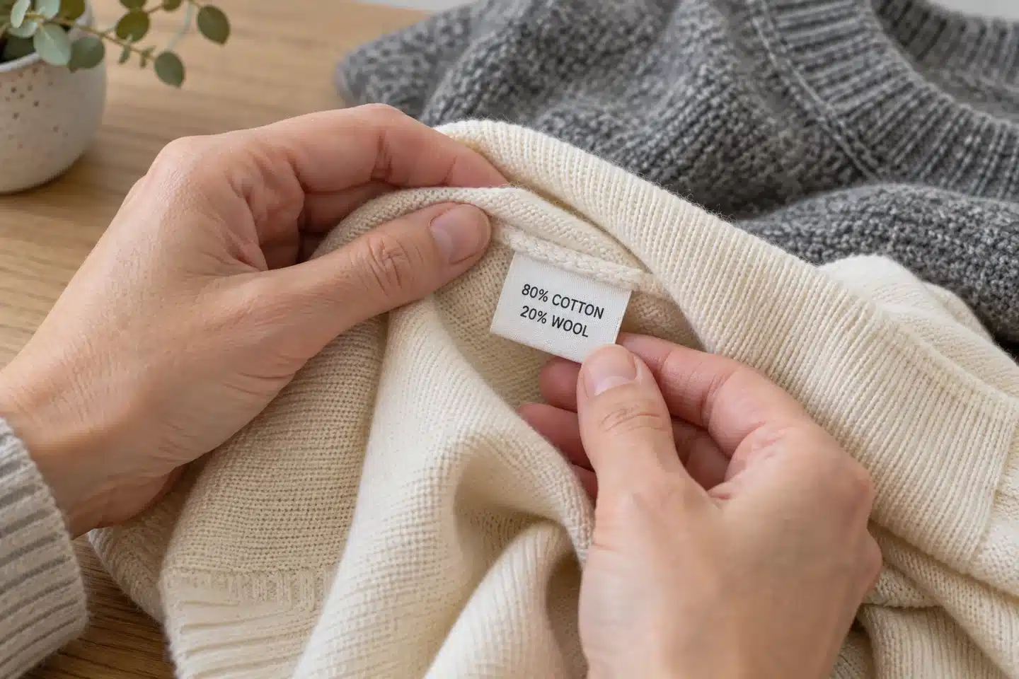 Illustrative garment label showing 80% cotton and 20% wool
