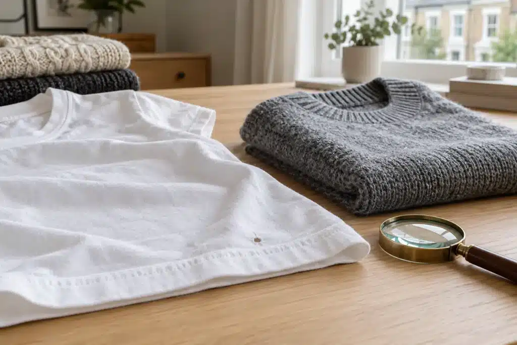 Illustrative cotton T-shirt with a small hole beside folded wool knitwear and a magnifying glass