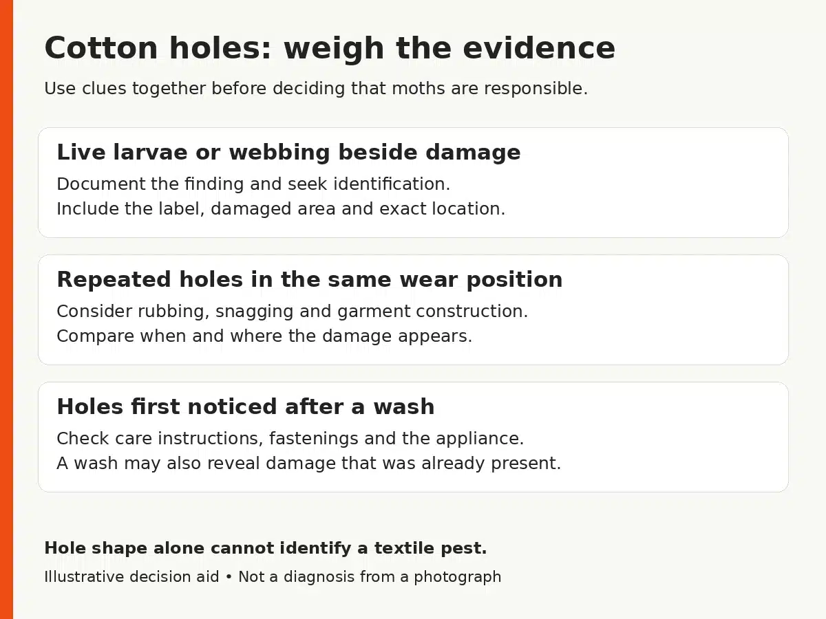 Decision aid comparing insect evidence, repeated wear-position damage and holes noticed after washing