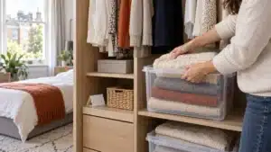 Clean wool clothes being placed into sealed storage boxes in a London bedroom wardrobe