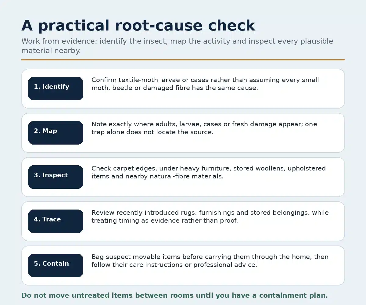 Five-step checklist to identify, map, inspect, trace and contain carpet moth activity