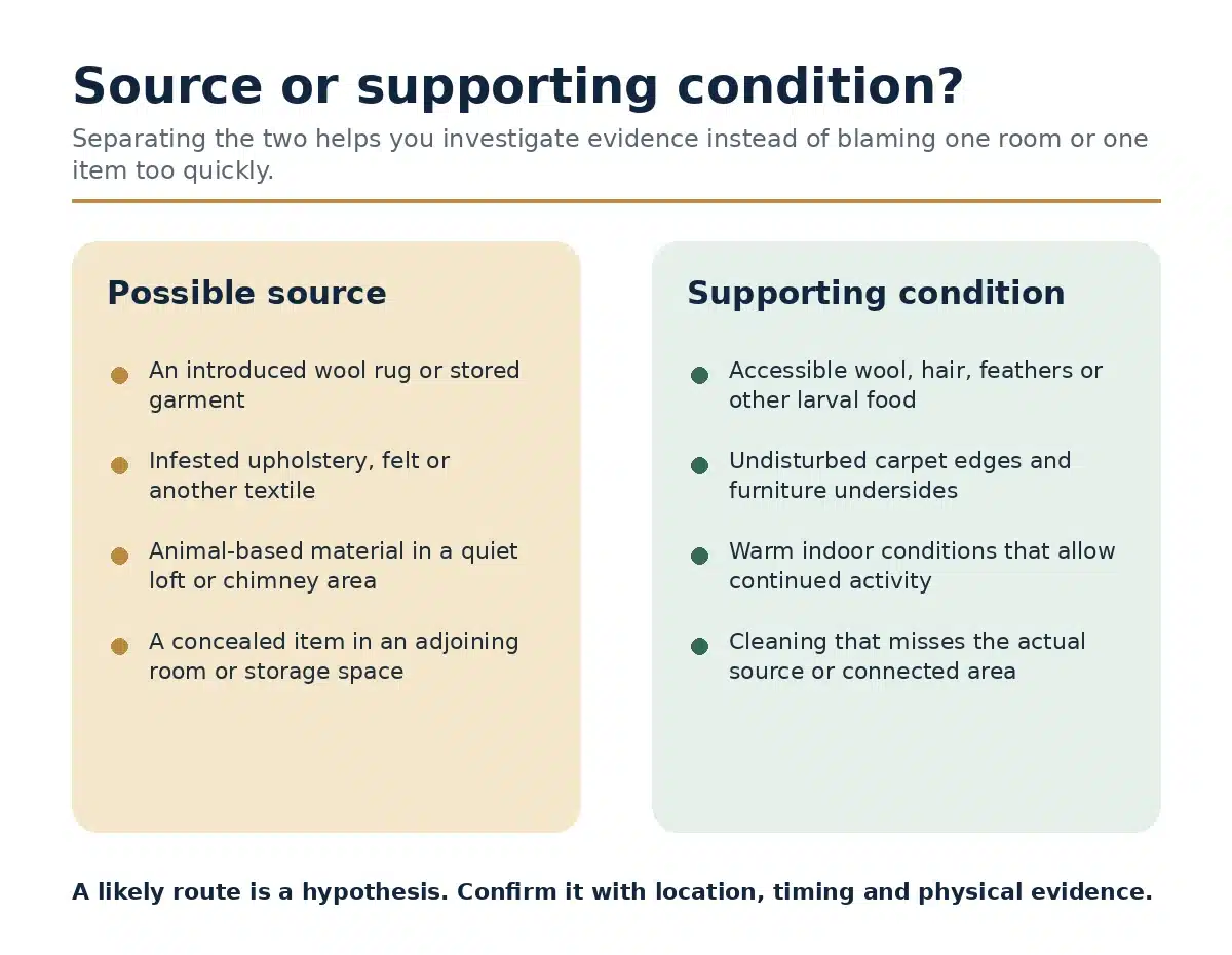 Comparison of possible carpet moth sources and conditions that support an infestation