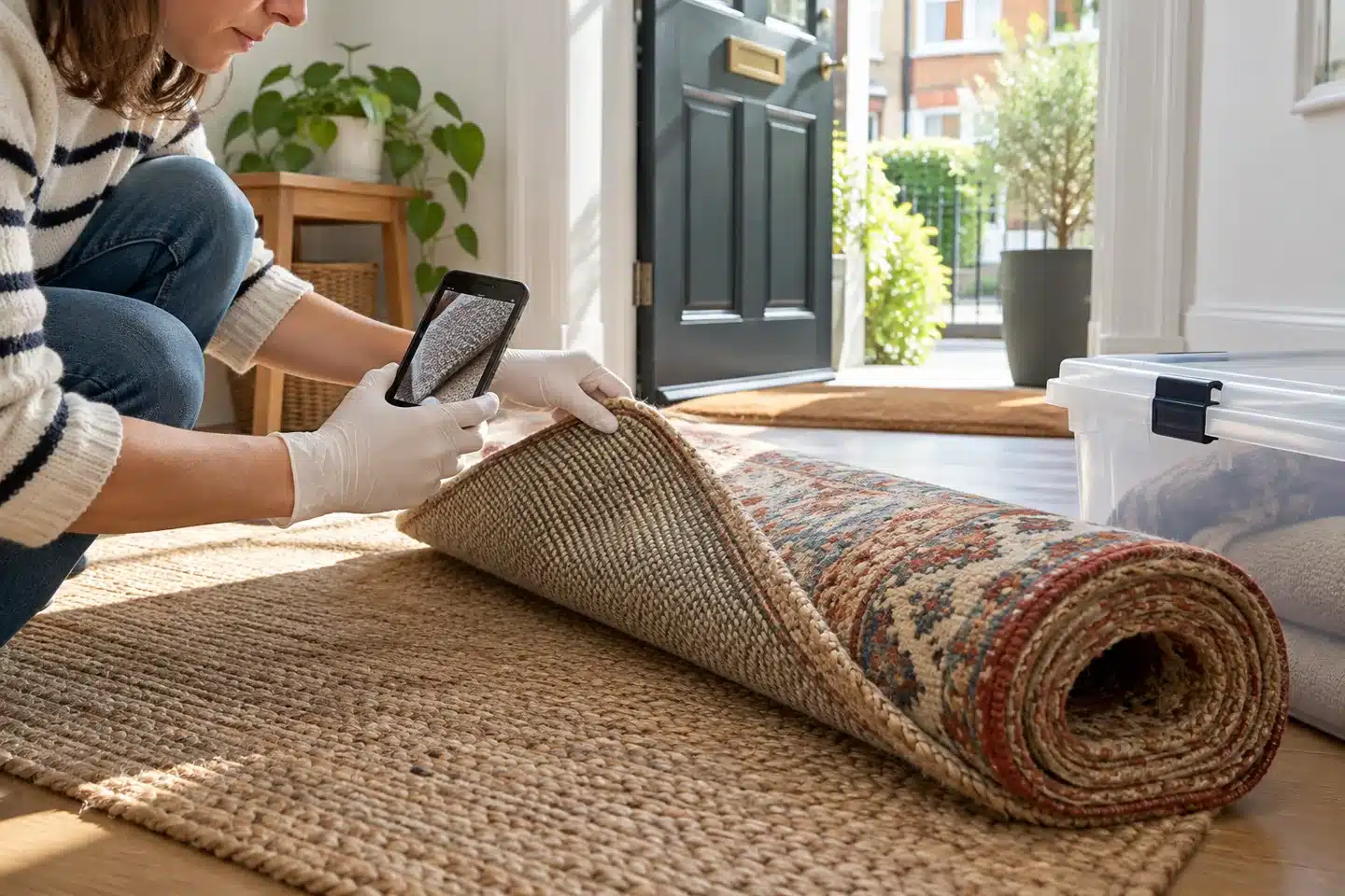 A gloved person inspecting a rolled second-hand rug before bringing it into a home