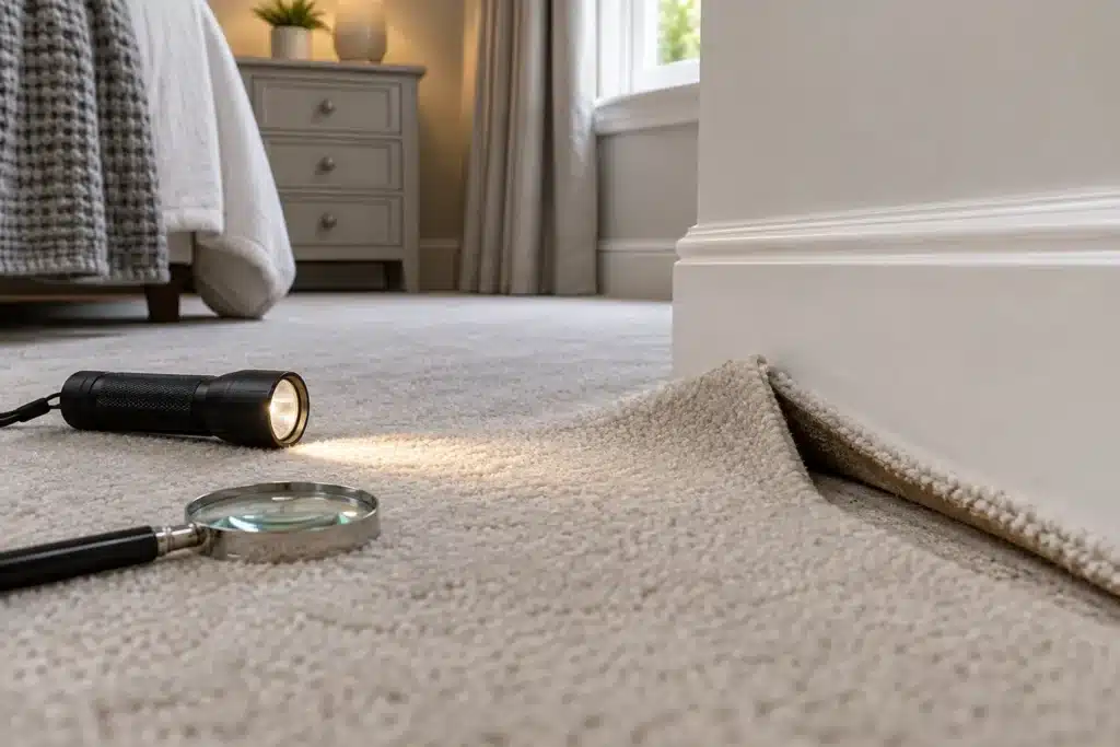 A specialist inspection of the edge of a wool carpet beside the skirting board