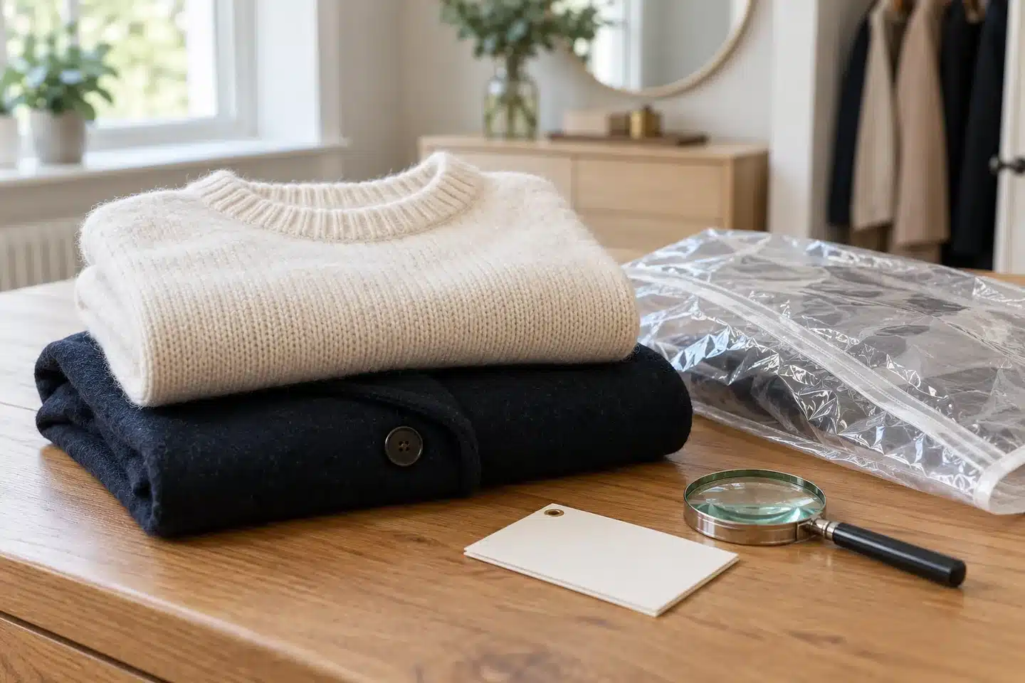 Folded wool clothing beside a clean garment bag and magnifying glass before arranging moth-related cleaning