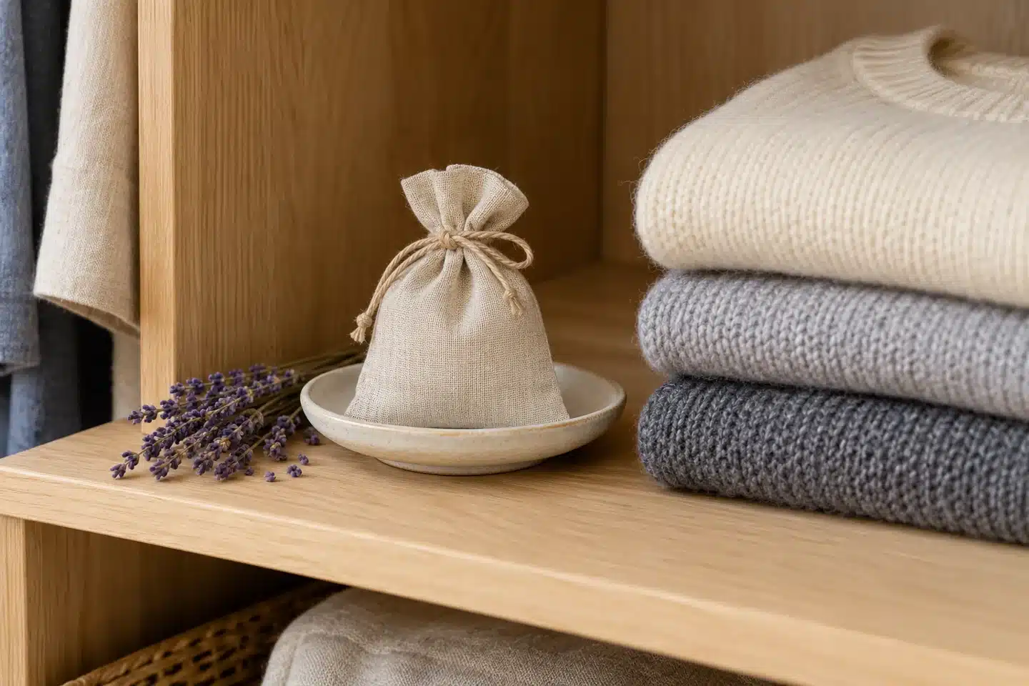 Illustrative lavender sachet on a dish beside folded wool jumpers in a wardrobe