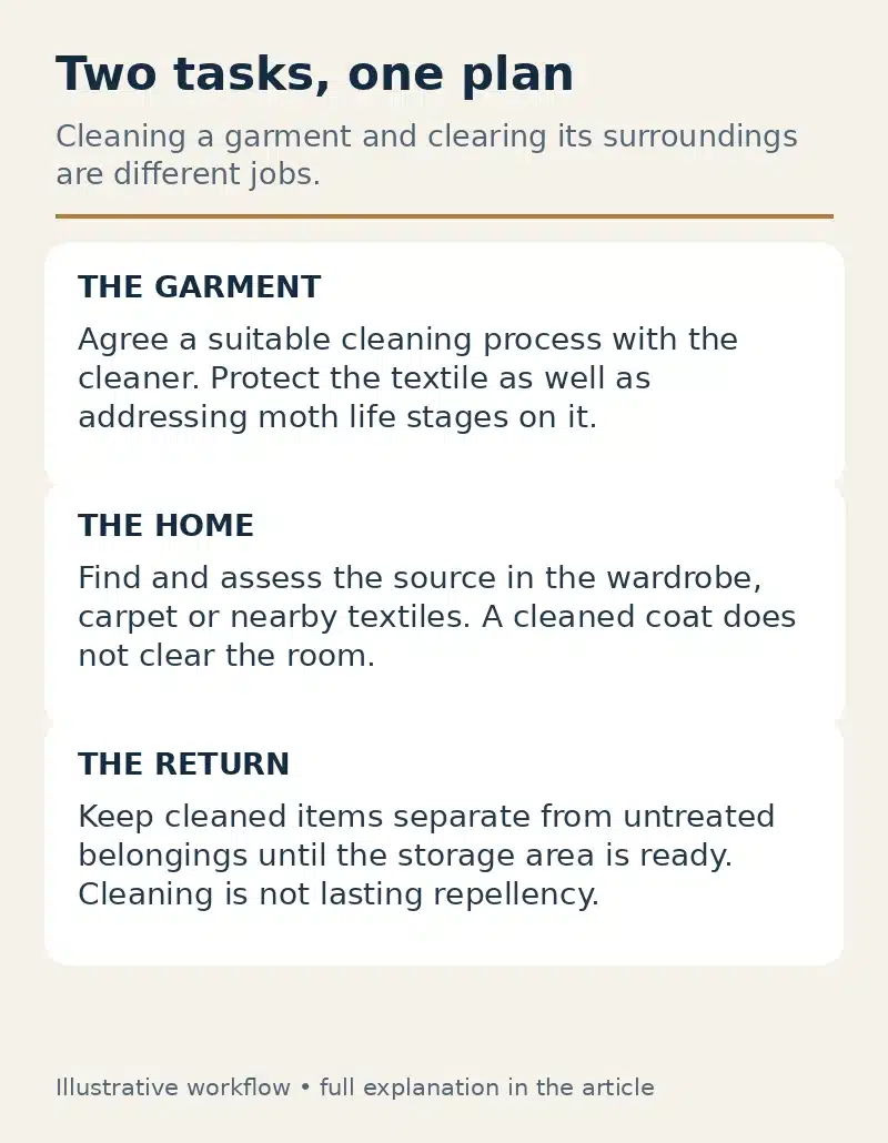 Diagram separating garment cleaning, addressing the moth source at home and protecting cleaned items on return