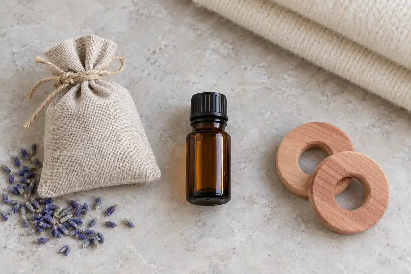 Illustrative linen lavender sachet, capped amber oil bottle and cedar rings