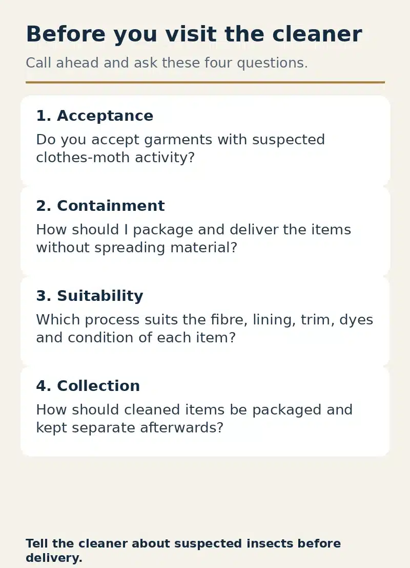 Four questions to ask a dry cleaner about acceptance, packaging, suitable cleaning and collection