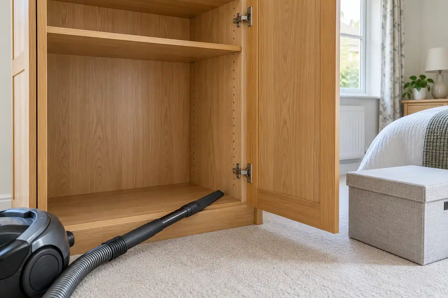 An empty wardrobe with a vacuum crevice tool beside shelf joints before cleaned clothes return