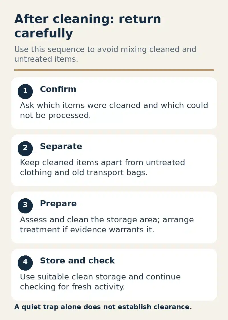 Four-step sequence to confirm cleaning, separate items, prepare storage and continue checking for moth activity